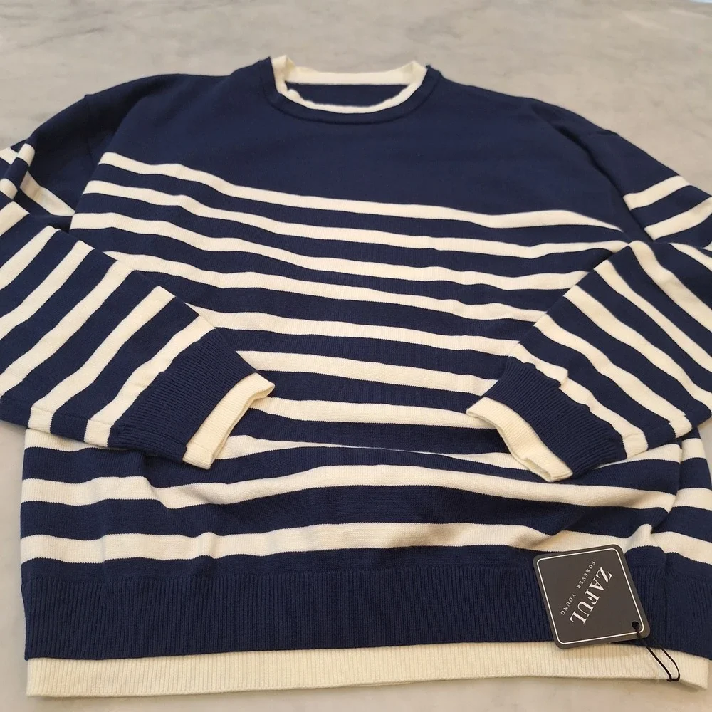 New Zaful Striped Lt Weight Wom XL Blue White Nautical Crew Neck Knit Pullover - Picture 3 of 6